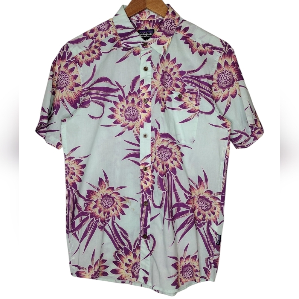 Patagonia Purple Teal Floral Tropical Casual Button Down Shirt Sz S